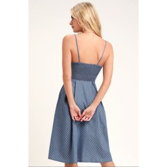 Bonnie Bell Blue and White Polka Dot Midi Flare Dress Size Medium - Picture 2 of 13